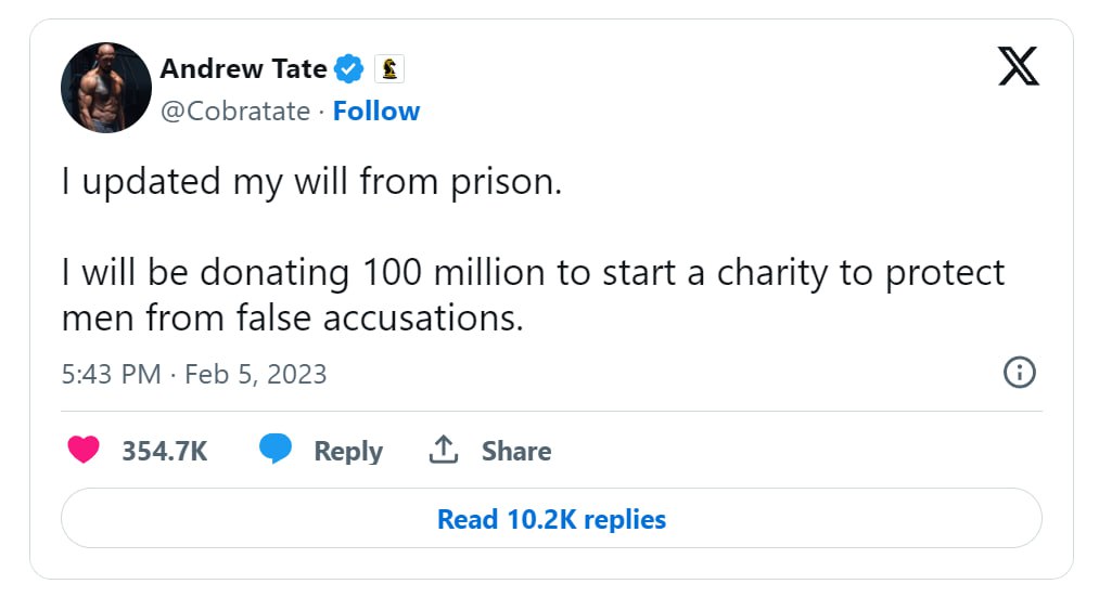 A tweet by Andrew Tate promoting a charitable cause.